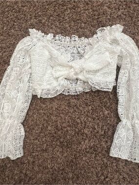 SHEIN White Lace Tie-Front Cropped Blouse